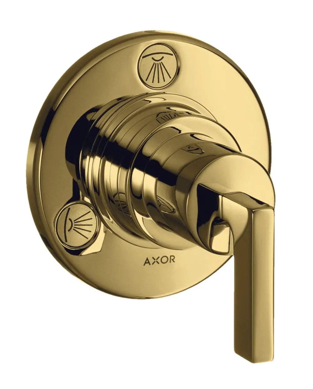 Ventil mit Hebelgriff in Polished Gold Optic, montiert auf runder Plplatte. Oberhalb zwei Symbole zur Steuerung. Produkt von AXOR.
